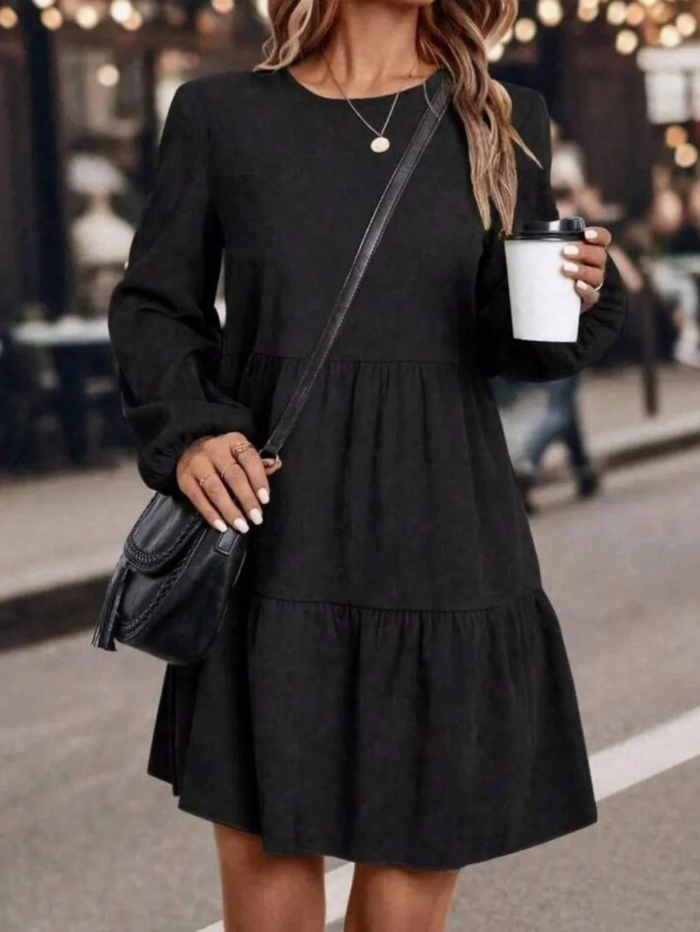 Boho black ruffle hem ribbed knit fall dress